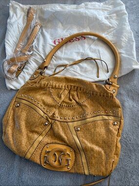 GUESS Mustard/Camel Logo-Embossed Studded Shoulder Bag (see all photos for call)
